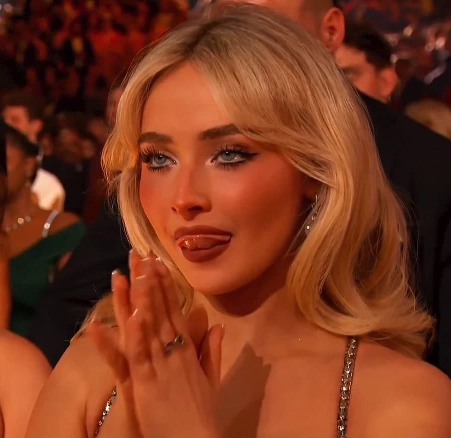 Sabrina Carpenter tongue out reaction Grammys 2026