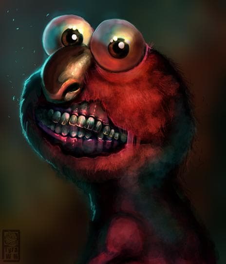A dark, painterly close-up of a red Elmo-like puppet with bulging eyes and a large mouth full of sharp teeth.