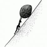 Minimalist black-and-white line drawing of a silhouetted figure straining to push a large crosshatched boulder up a steep diagonal hill