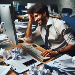 A young man sitting with both hands pressed against his head, face tight with stress and worry, as if mentally overloaded.
