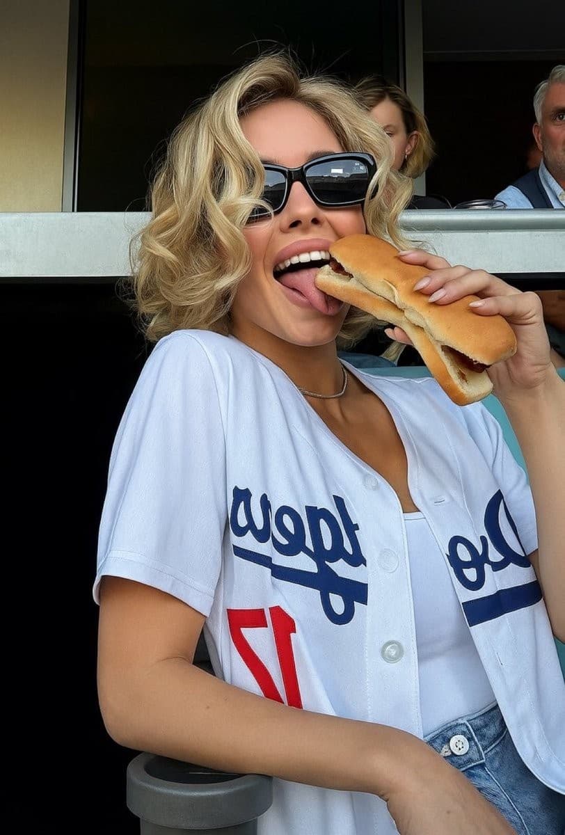 Sydney Sweeney eating a hotdog at Dodgers game