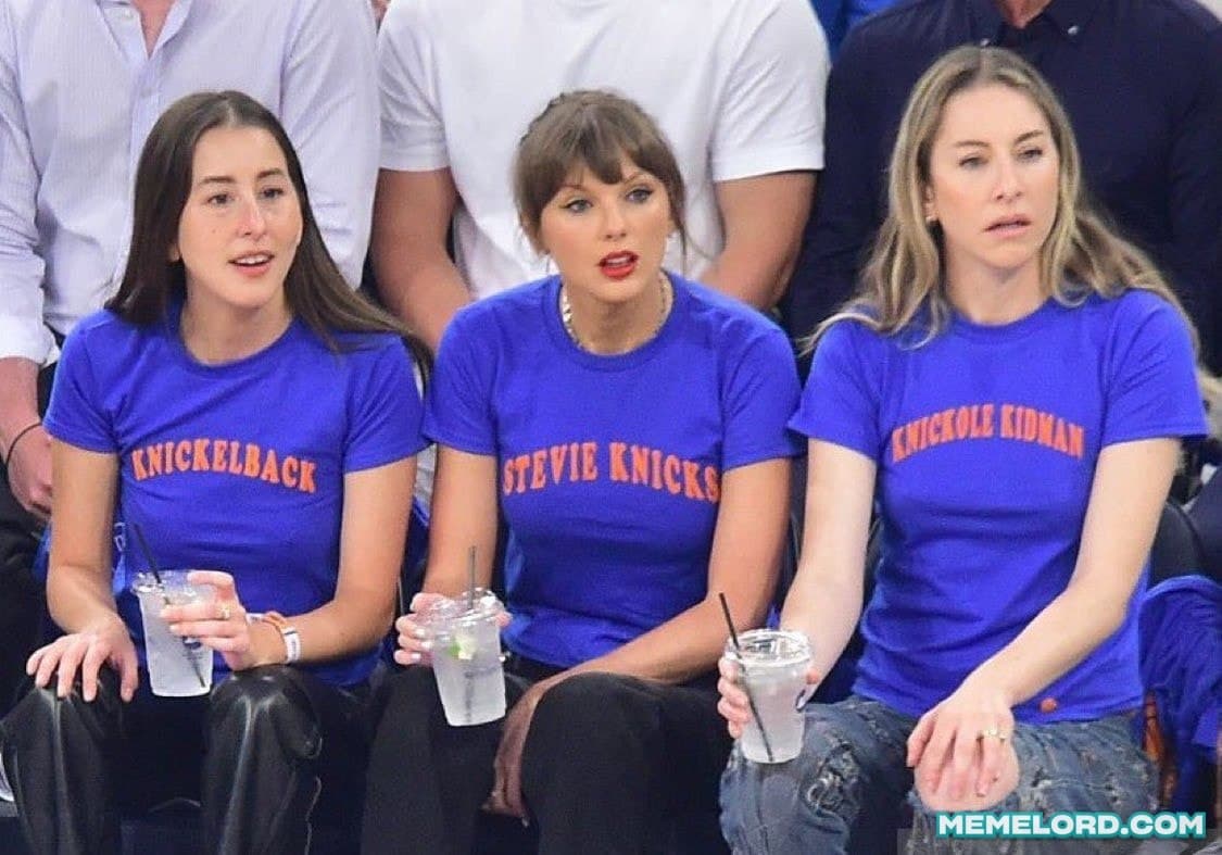 Taylor Swift and the HAIM sisters attending Game 4 of the 2026 NBA Finals meme template