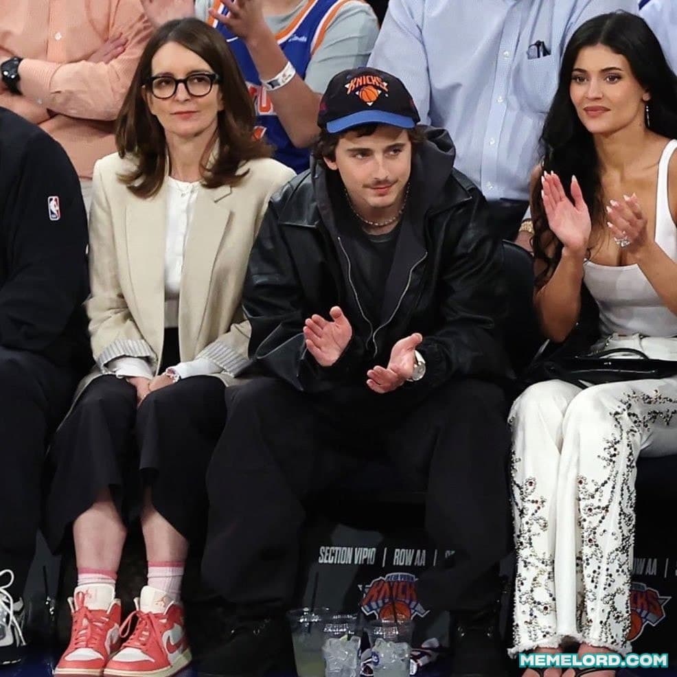 Timothée chalamet cheering with kylie jenner and tina fey - New York Knicks playoff game meme template