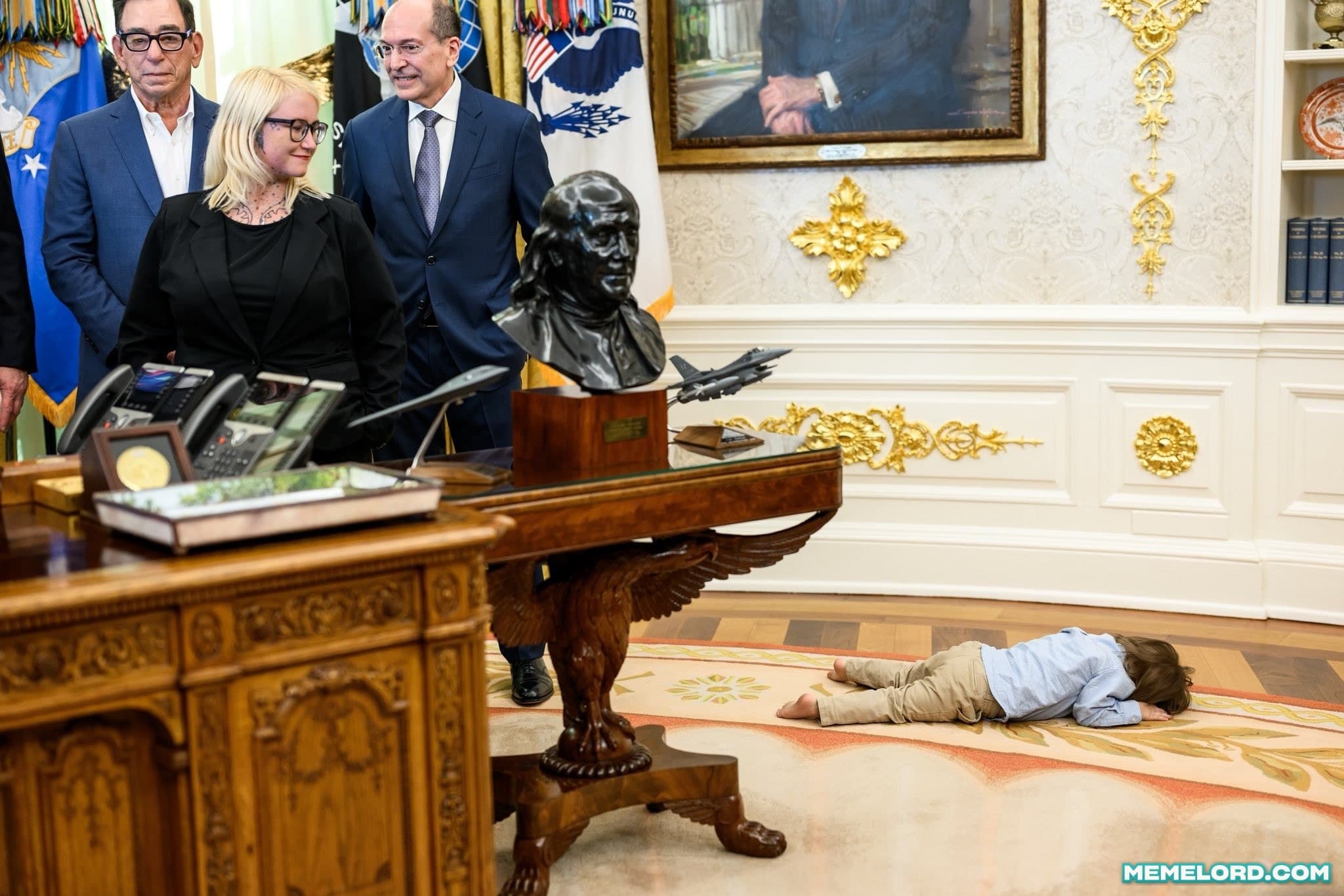 Toddler lying on the floor at Drug Price Event - The White House meme template