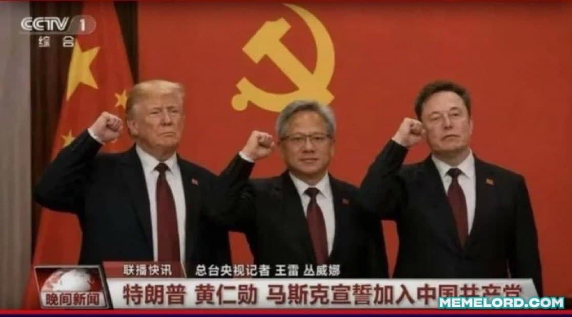 Trump, Jensen and Elon raising fists in front of the CCP flags meme template