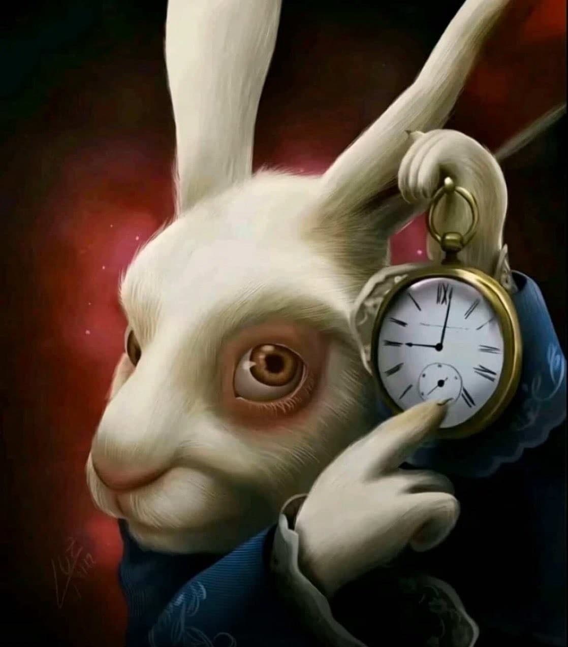 White Rabbit pointing at a pocket watch