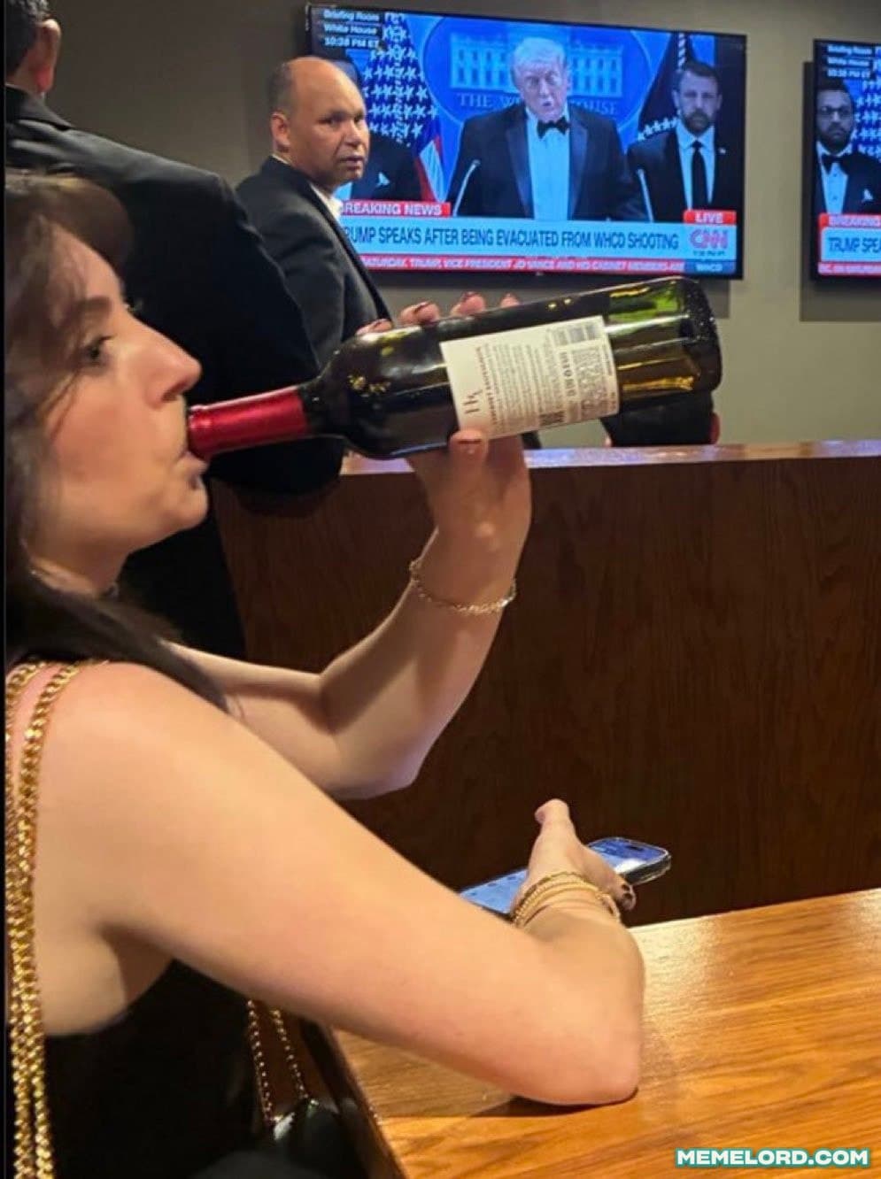 Woman drinking from a bottle of wine at the White House Correspondents' Dinner meme template