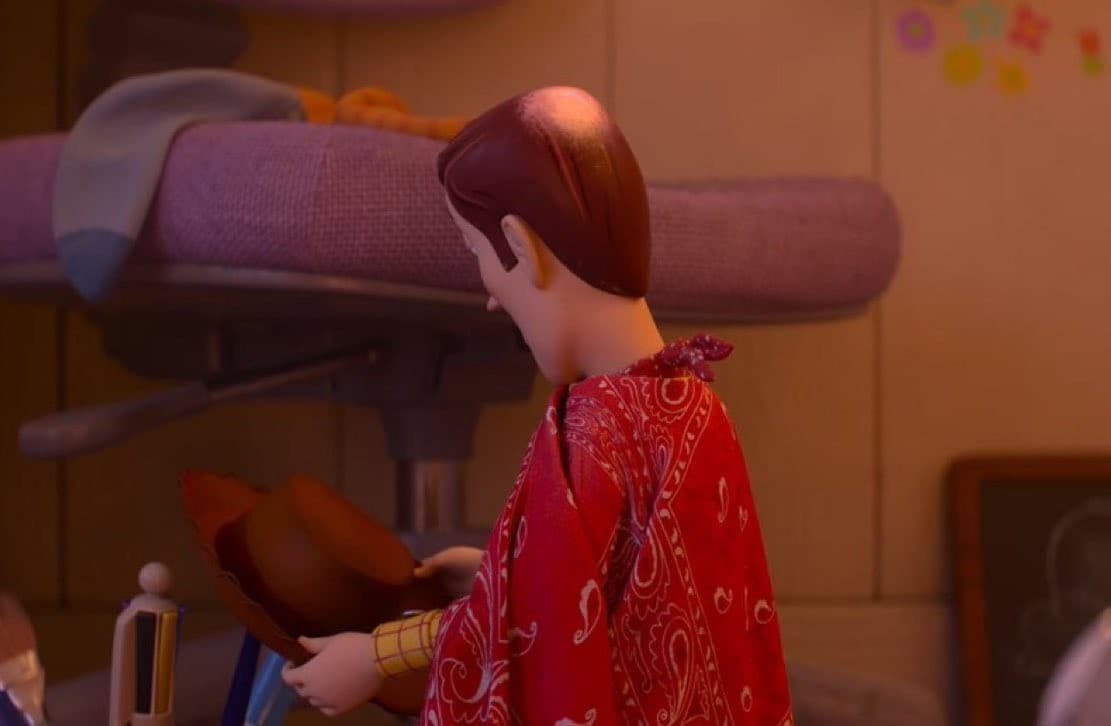 Woody's blinding bald spot in Toy Story 5 meme template