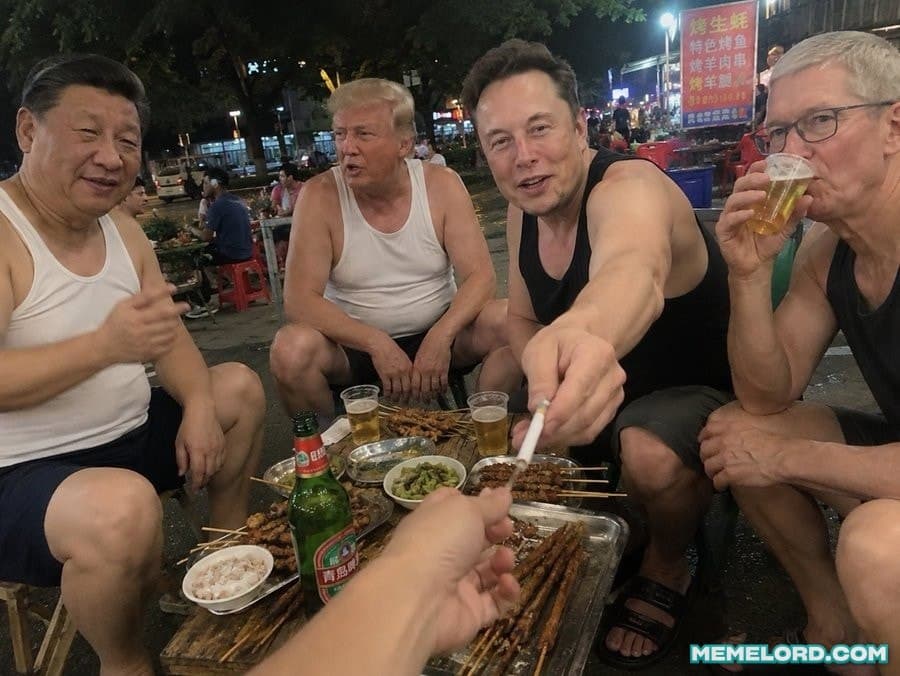 Xi Jinping, Trump, Elon, and Tim chilling at a Chinese street (AI generated) meme template