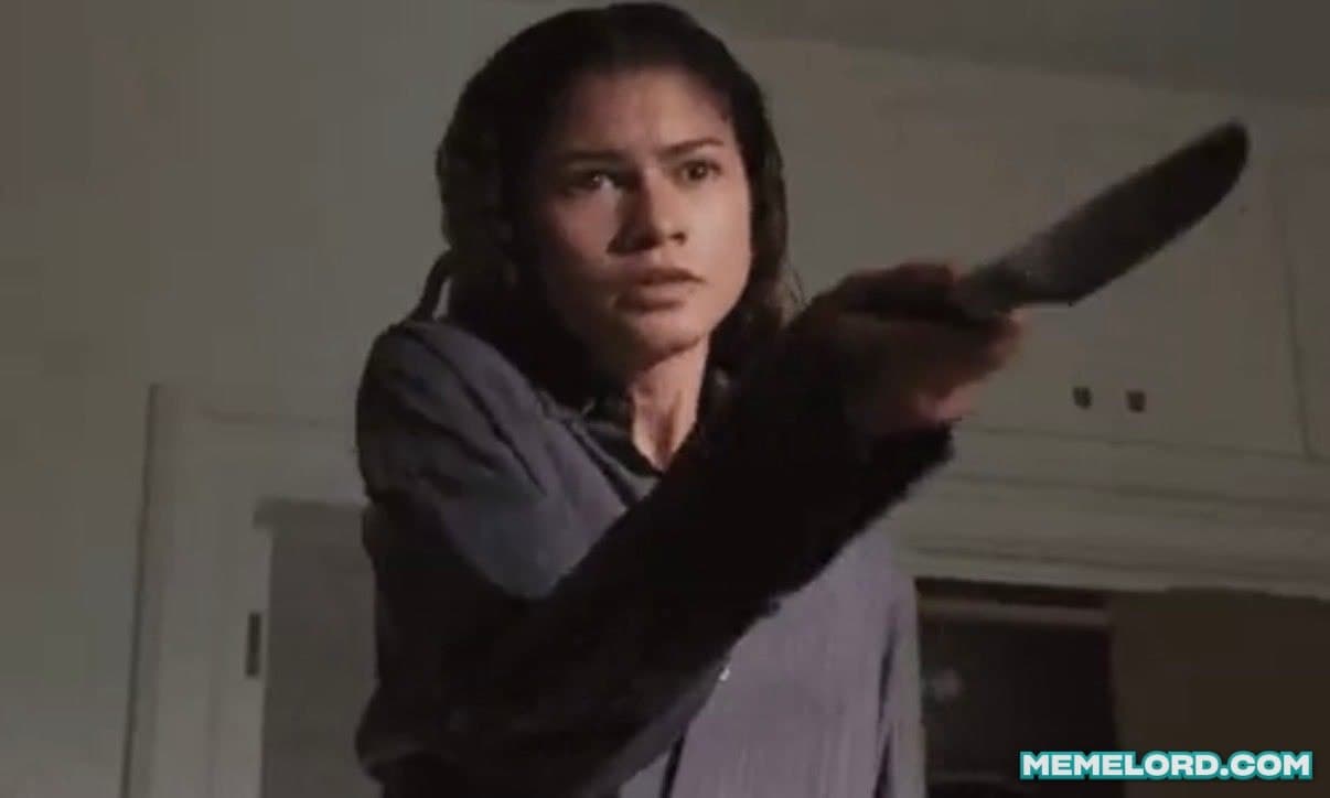 Zendaya holding a knife to Robert Pattinson - 'The Drama' meme template